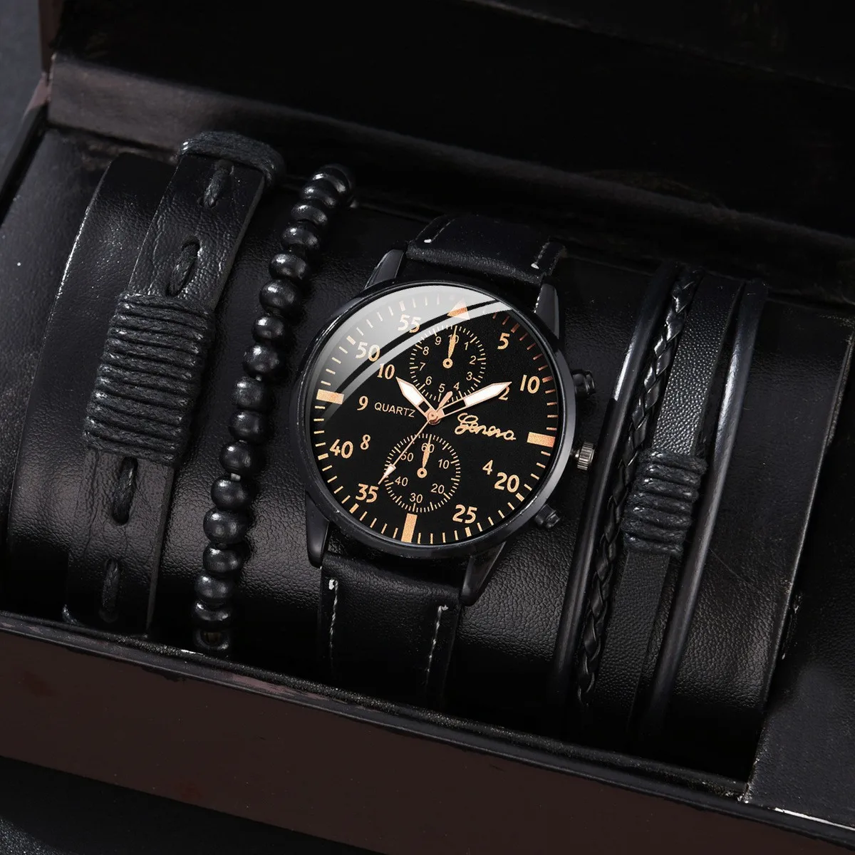 

4pcs Set Men Watches Luxury Fashion Design Leather Watch Quartz Men's Watch Gift Montre Homme Relogio Masculino No Box