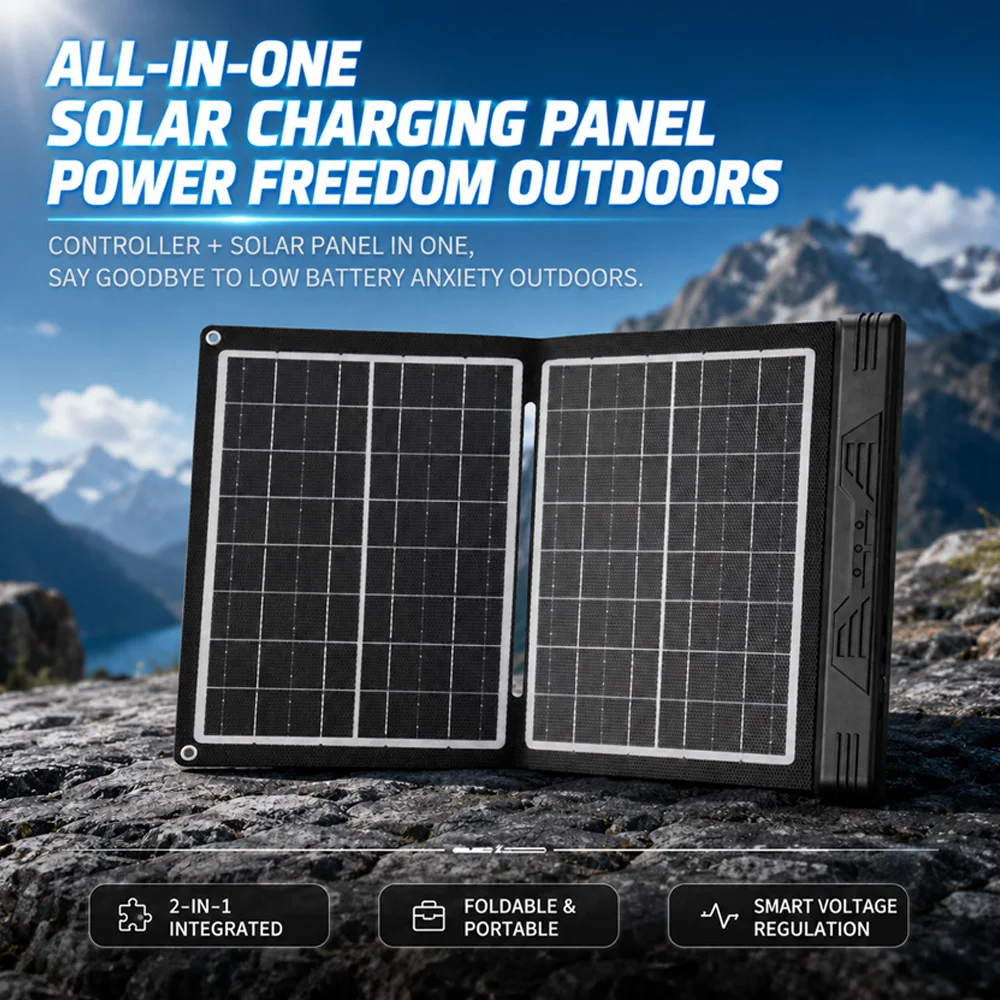 All-in-One 20W 18V Foldable Solar Panel with Integrated Controller, 2-in-1 Portable Monocrystalline Solar Charger, USB-C & DC Out for Camping Hiking RV Power Statio