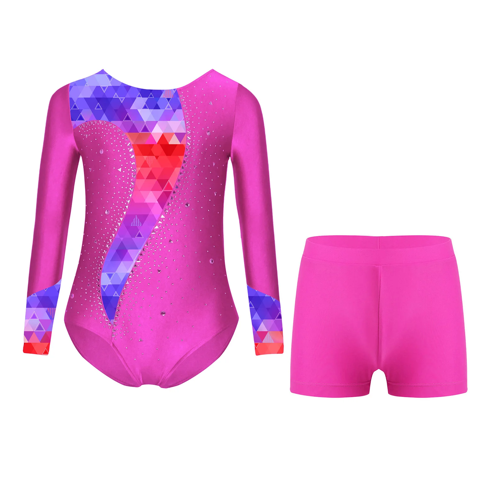 أطفال بنات الباليه الرقص الجمباز يوتار لامعة حجر الراين بذلة مع السراويل الشكل التزلج البهلوانية أداء Dancewear #3