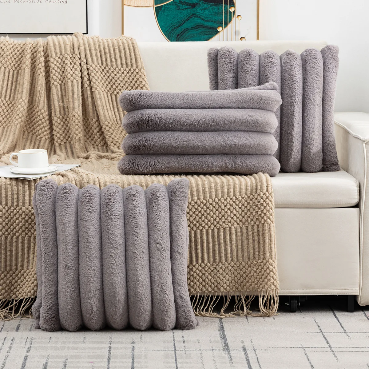 

1pcs Single-sided Rabbit Velvet Large Striped Pillowcase Core-free Home Sofa Pillow case Bedside Cushion Cover Wholesale