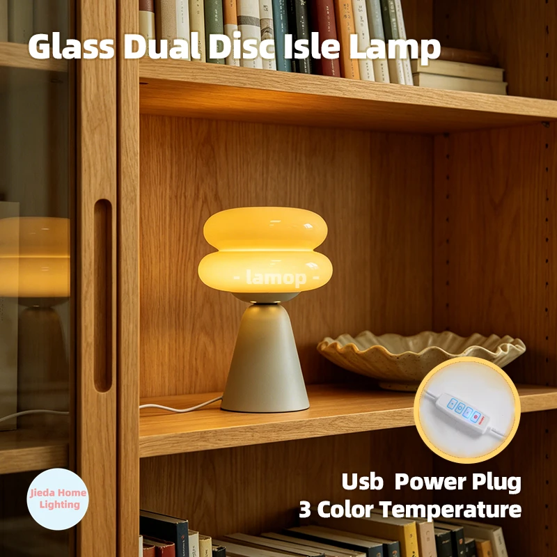Murano Glass Dual Disc Isle Stack Table Lamp Matte Grey Conical Base 3 Tone Soft Light Wood Bookcase Study Decor Lamp