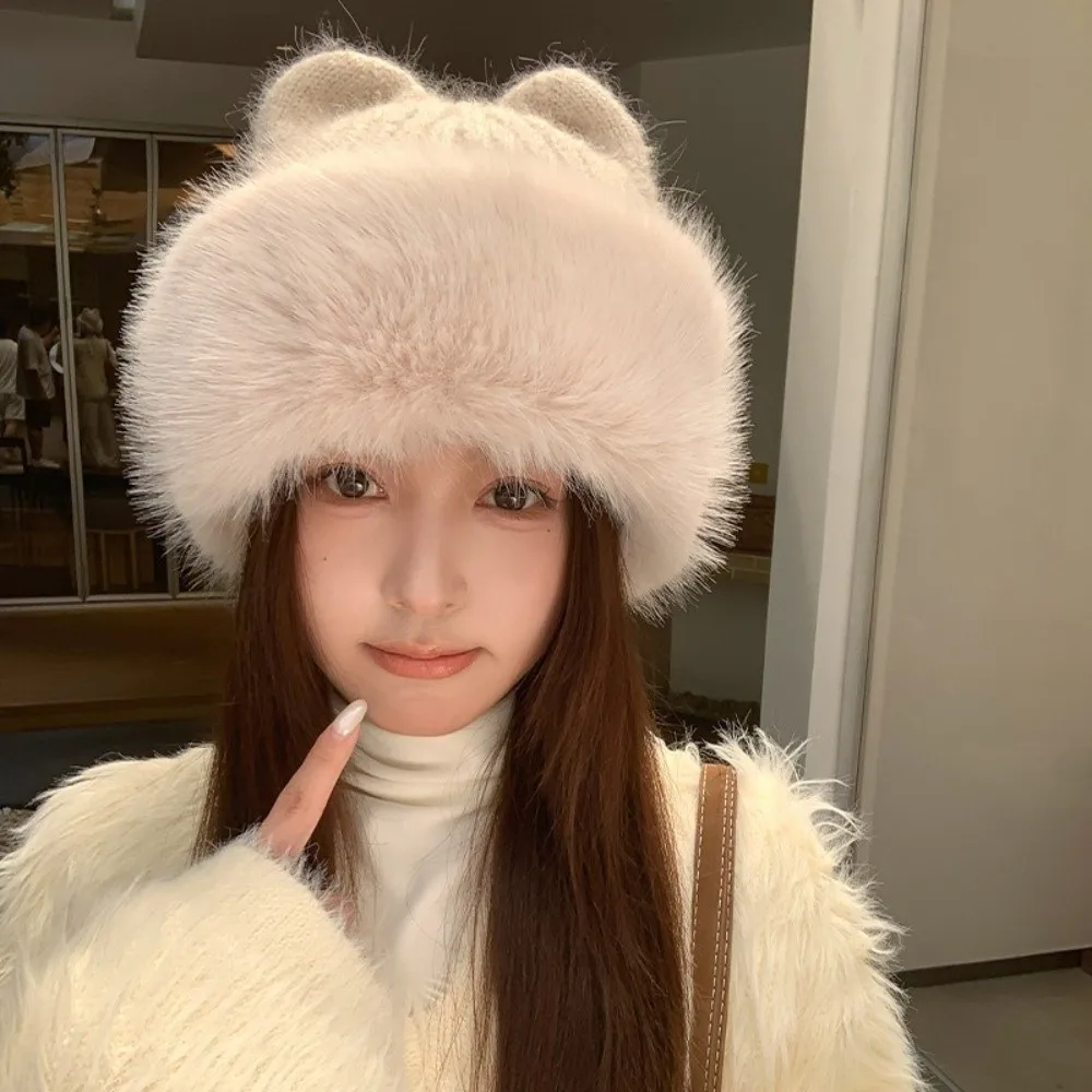 Polyester Cat Ear Earflap Beanie 56-58cm Head Circumference Fleece Lined Knitted Beanie Hat Thick Warm Beanie Outdoor Activity