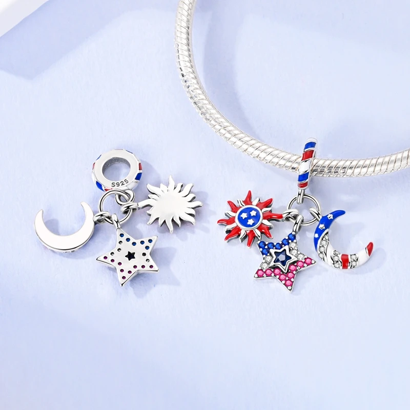 

925 Sterling Silver Flags Style Star Moon Sun Charms Bead Fit 3mm Original Bracelet DIY Women Birthday Anniversary Jewelry Gifts