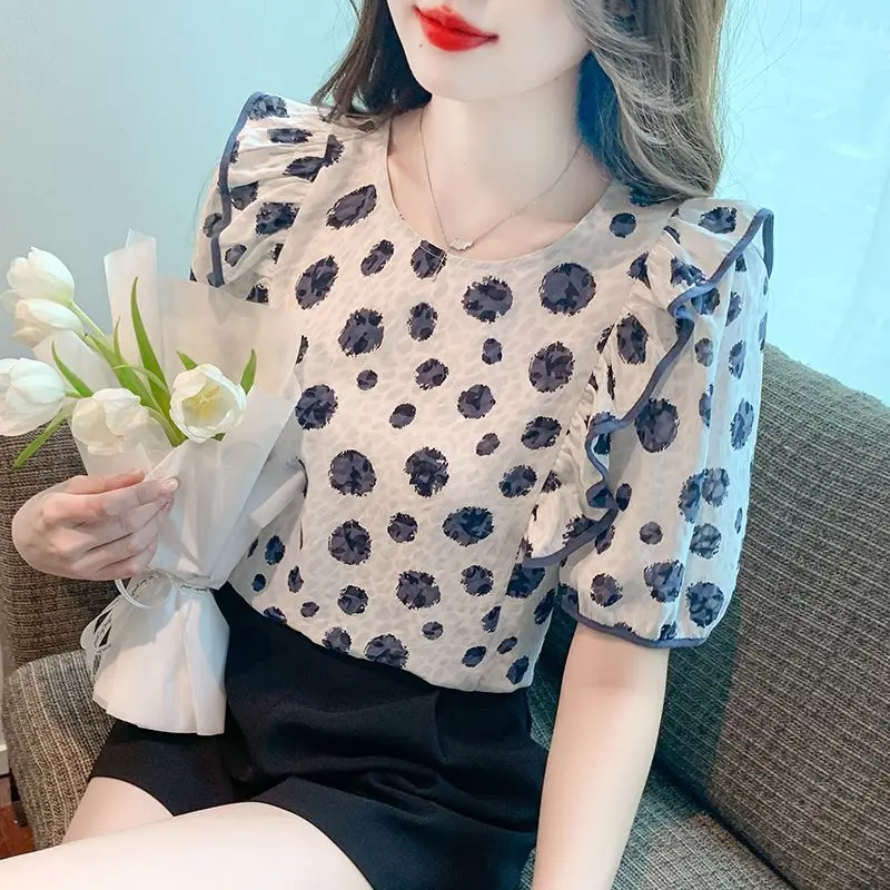 Korean Casual Polka Dot Printed Blouse for Female Summer Fashion All-match Ruffles Spliced Short Sleeve Shirt Women\'s Clothing