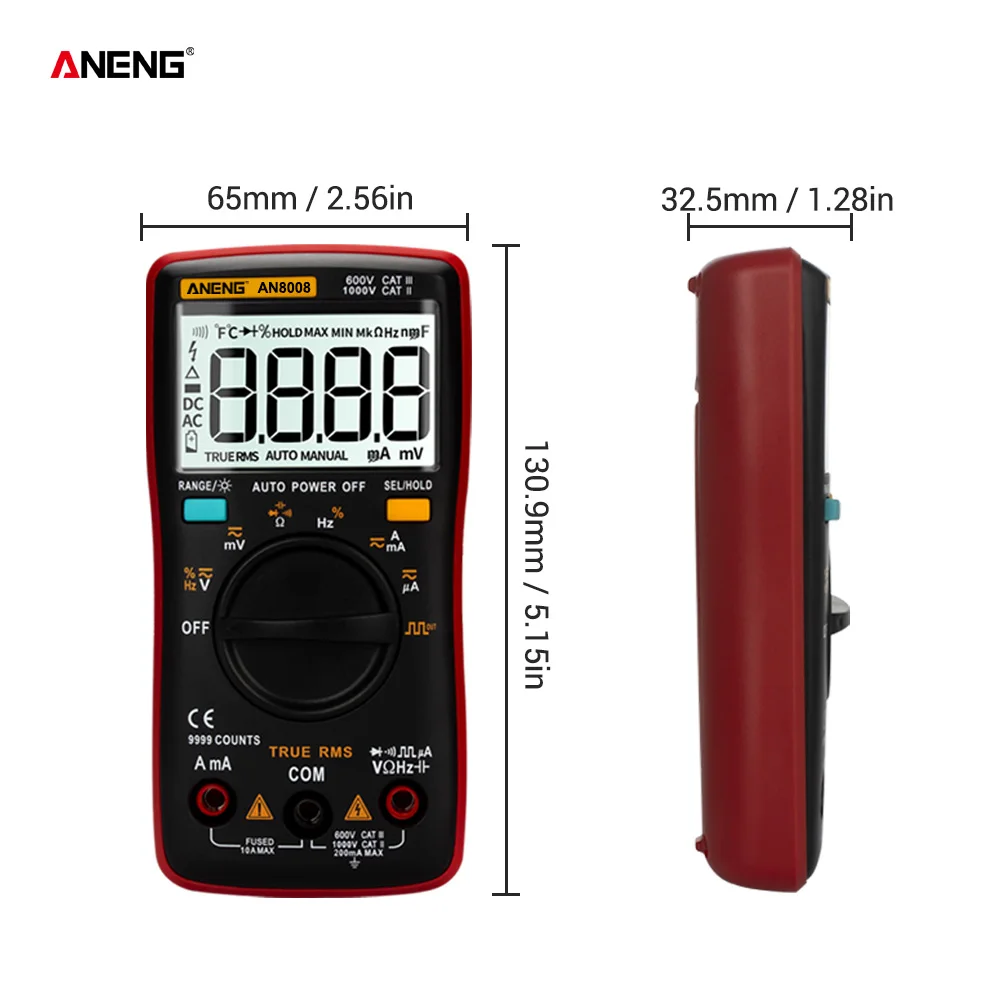 Imagem -06 - Aneng-digital Profissional ac dc Tensão Corrente Multímetro Transistor Ohm Auto Elétrica True Rms te 9999 Contagens An8008 An8009