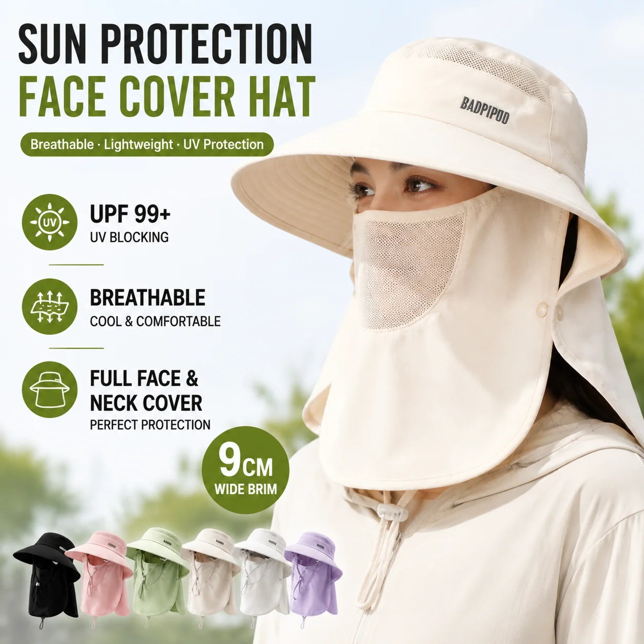 UPF100+ Wide Brim Sun Hat with Detachable Neck Flap Breathable Waterproof Quick-dry Ice Silk hat for Women Men Beach Fishing Hik