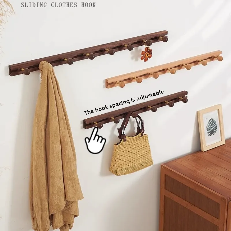 Sliding Solid Wood Coat Hooks Wall Mounted Entryway Organizer Modern Row Style Door Back Hat Hanger Space Saving Closet Rack