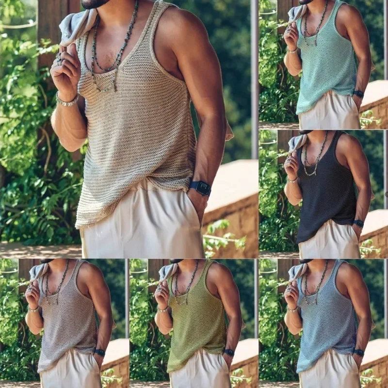 Casual and Versatile Camisoles Racer Sports Vest Casual Solid Color Knitted Mens Vest