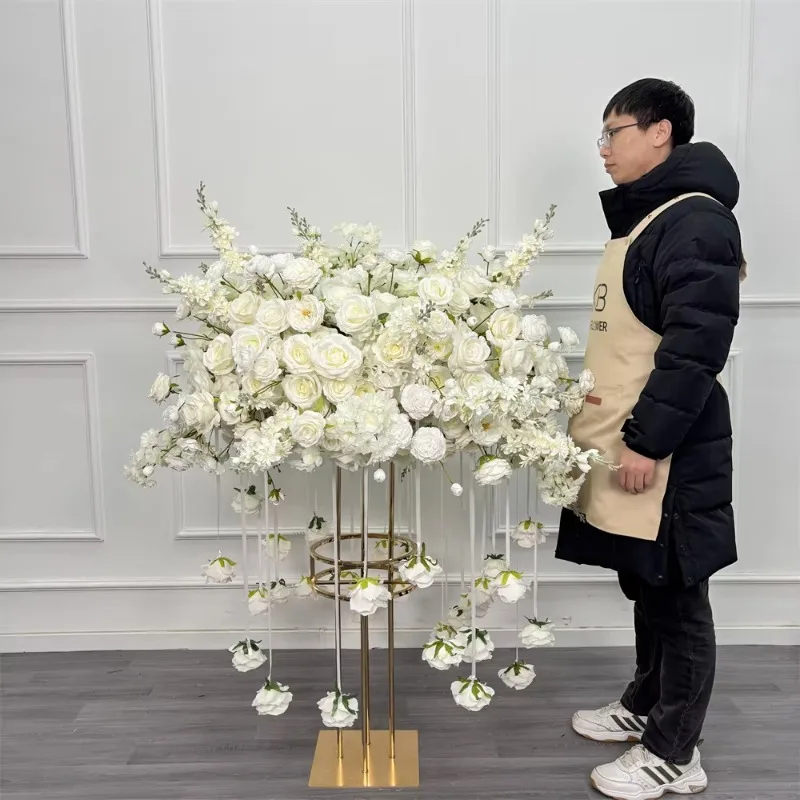 New 100cm Fresh Flower Center Decoration, Ferris Wheel White Rose Flower Belt Hanging Decoration, Rose Dining Table Center