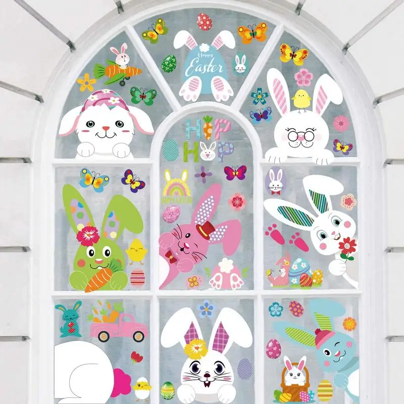 Easter Window Clings Electrostatic Double Sided Image Wall Decals Bunny Window Clings Happy Easter Glass Stickers 9pcs