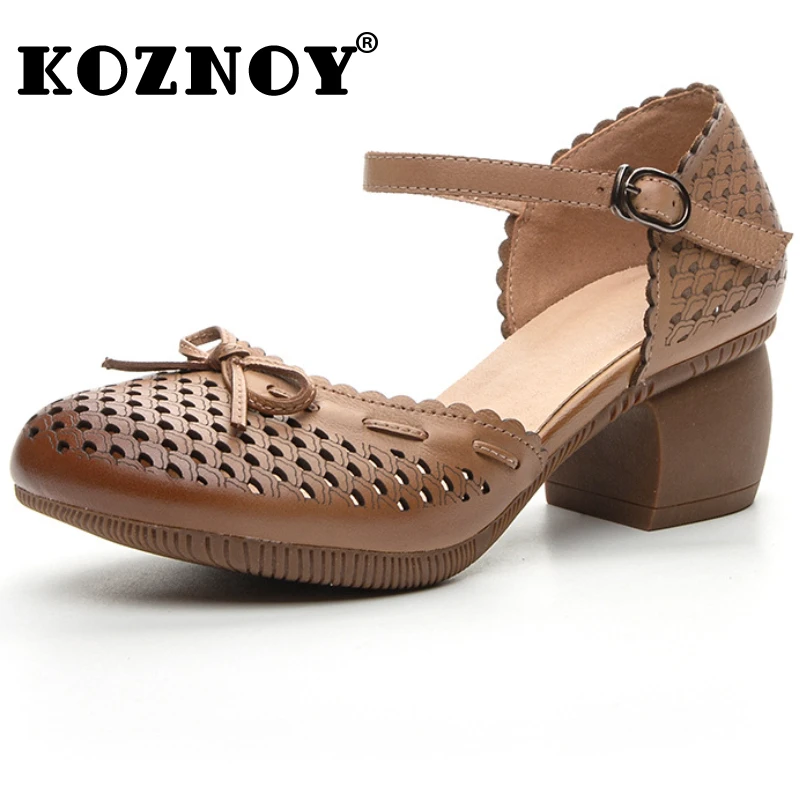 Koznoy 4.5cm etniczna bydlęca prawdziwa skóra sandały z otworami damska Fretwork klamra masywne obcasy letnie kobiety ręcznie robione buty z