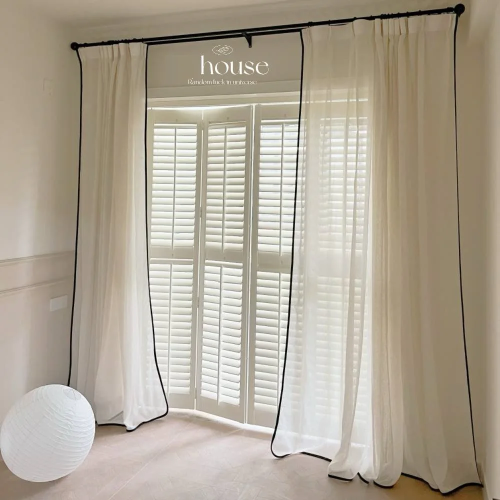 

French Black Edges Screen Curtains with Valance Janpanese Simple White Linen Gauze Curtains for Living Room Bedroom Soft Fabrics