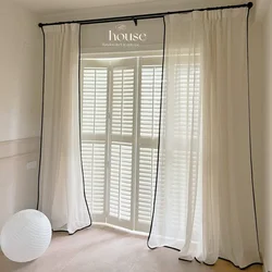 French Black Edges Screen Curtains with Valance Janpanese Simple White Linen Gauze Curtains for Living Room Bedroom Soft Fabrics