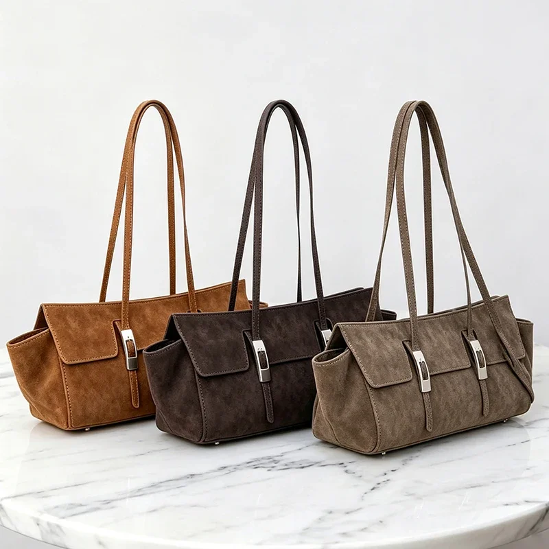 Fashion Genuine Suede Cowhide Shoulder Bag for Women Retro Large Capacity Handbag Luxury Designer Commuter Top‑Handle Tote Bag