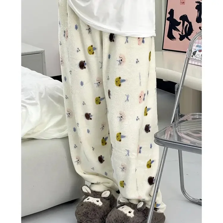 Bear Print Pajama Pants Casual Home Trousers For Winter Women Girls Sweat Cute Cartoon Homewear Y2K Loose Thick Fannel Sleepwear