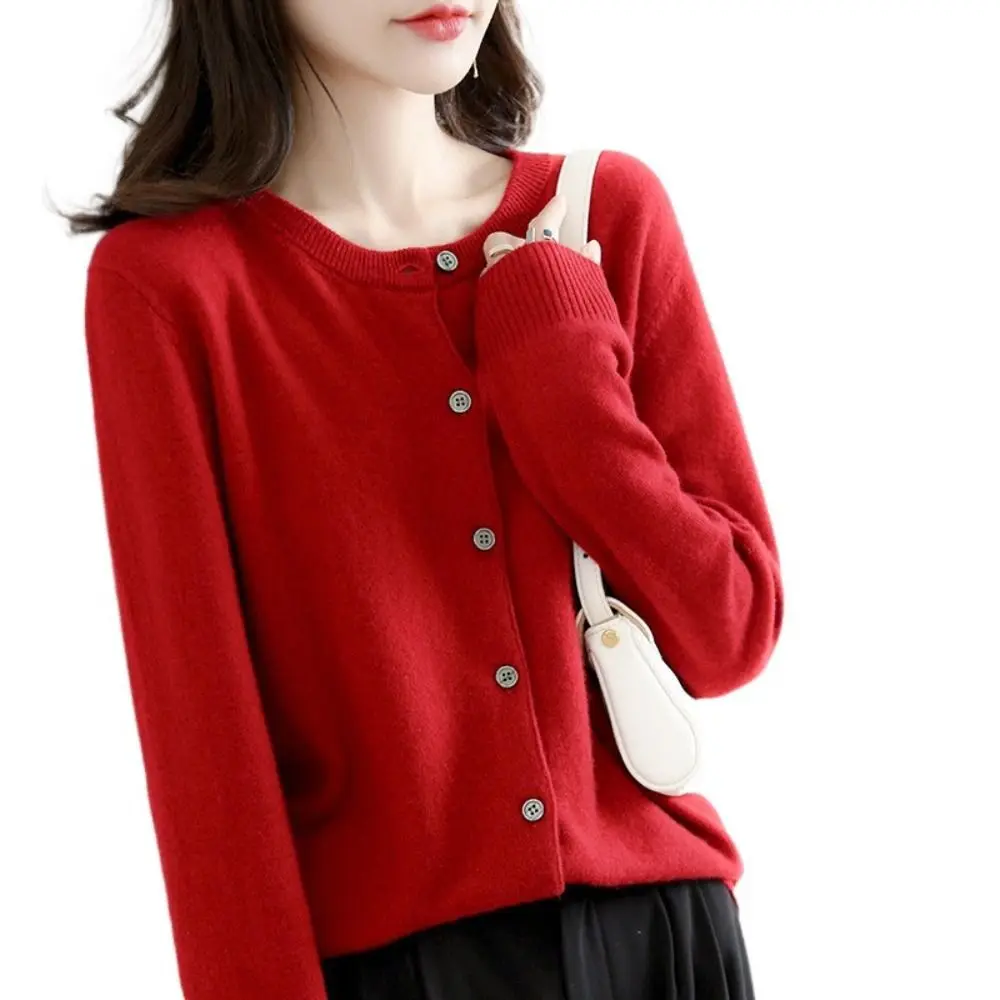 Loose Fit Long Sleeve Knit Cardigan Solid Color Single Breasted Women Cardigan O Neck Knit Outerwear