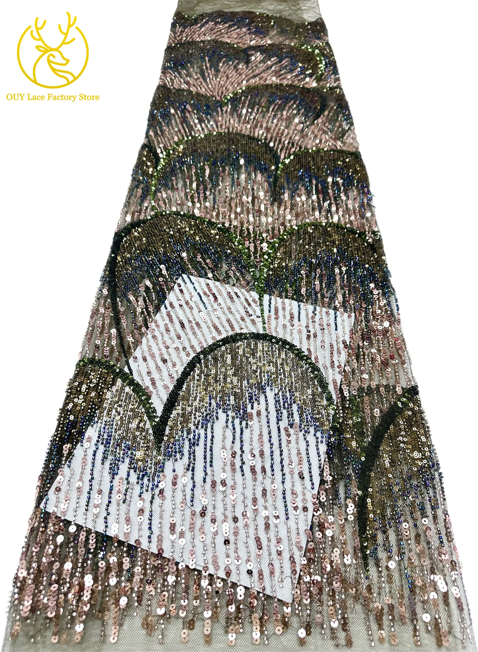5 Yards afrikanischer Perlen-Pailletten-Spitzenstoff, hochwertiger, exquisiter nigerianischer Tüll-Mesh-Spitzenstoff zum Nähen von Hochzeitskleidern – Detail 28