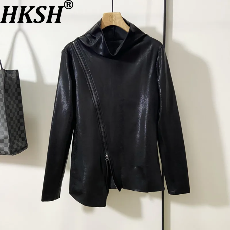 

HKSH Spring Autumn Winter Men Dark Style Yamamoto Design Turtleneck Niche Sweatshirt Asymmetric Zipper Fleece Lined Tops HK16928