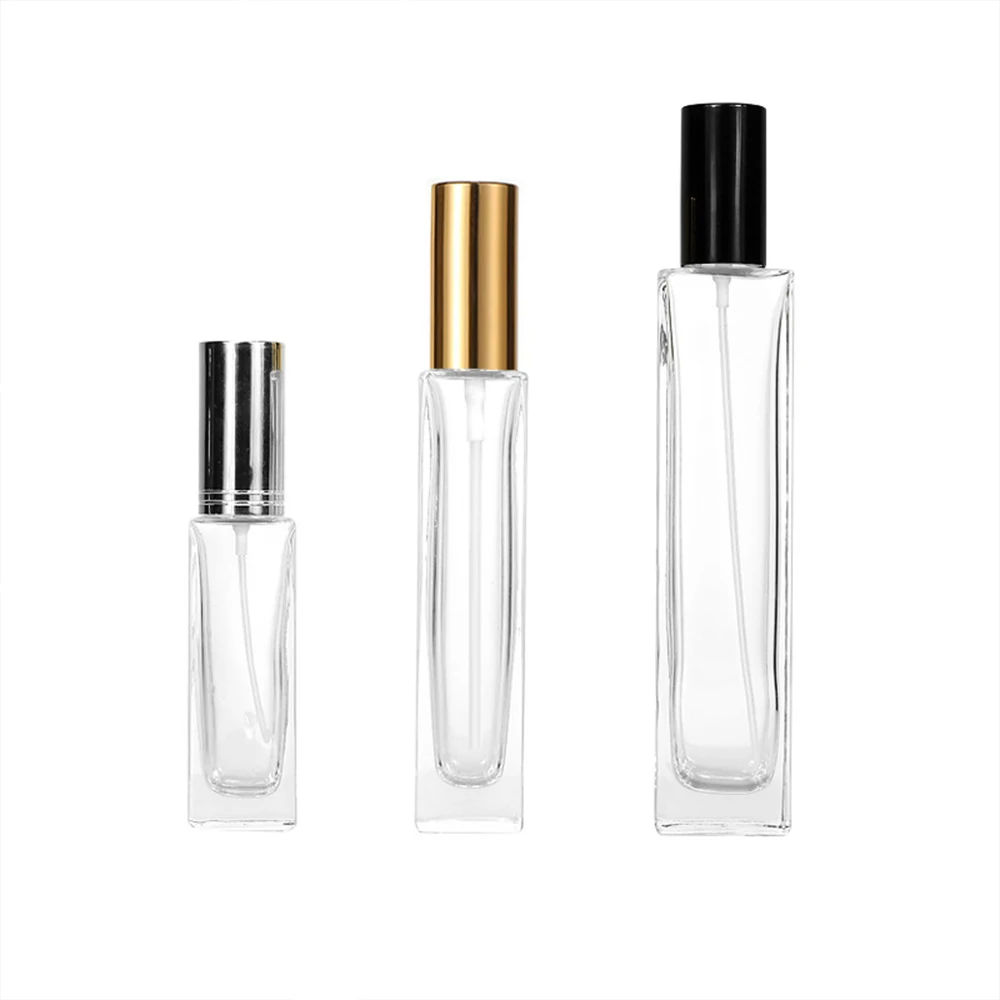 Flcopropriété pulvérisateur en verre transparent, flacons d\'échantillon, atomiseur de parfum, or, argent, bouchon noir, 3ml, 5ml, 10ml, 20ml, 30ml,