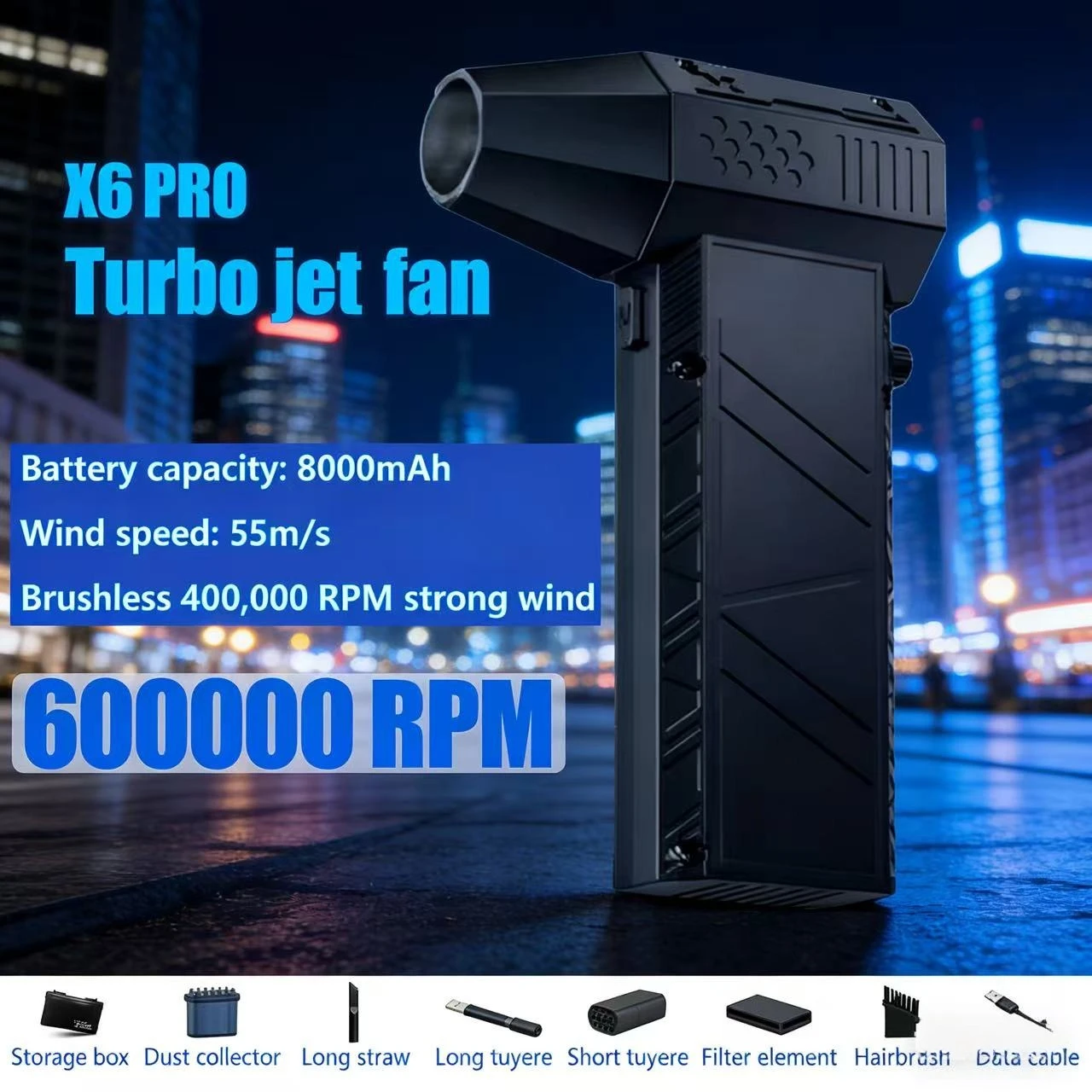 

X6 Мощный воздуходувка 650000 об/мин Бесщеточный жестокий вентилятор Пылесос Сильный ветер 53 м/с Турбоструйный вентилятор Перезарядка типа C
