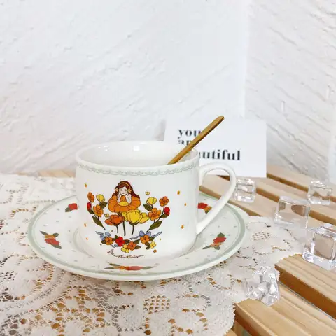 विंटेज कॉफी कप और प्लेट सेट, फ्रेंच सिरेमिक दोपहर की चाय ट्रे, रचनात्मक और प्यारी लड़की का दिल 10 best sales कॉफी किट - №6