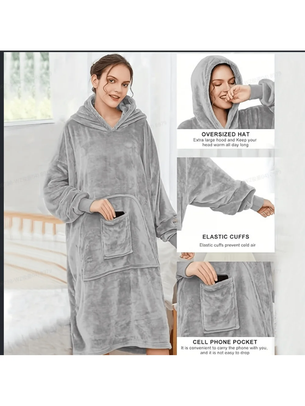 Oversized Wearable Blanket Hoodie Thick Warm Flannel Blanket Sweatshirt with Giant Pocket & Sleeves for Adult Winter Home Wear