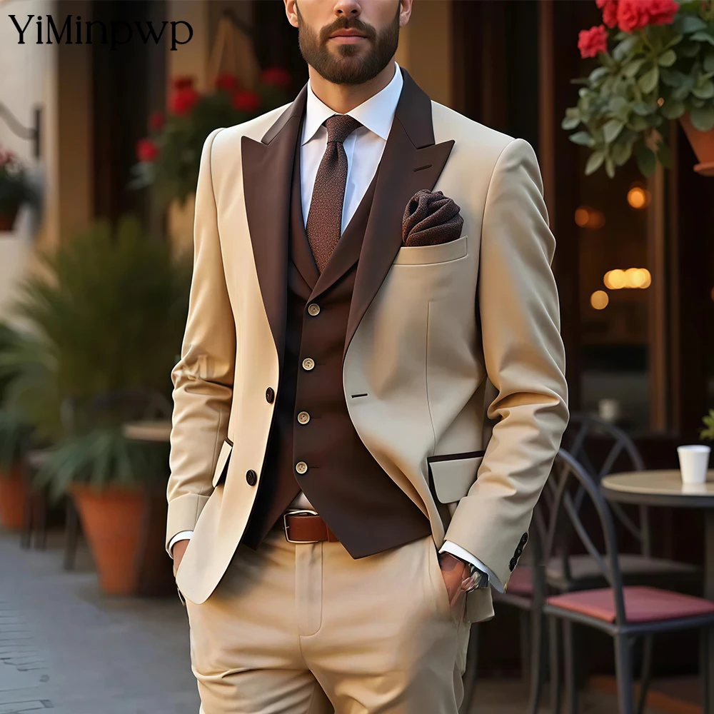 

YiMinpwp New Arrival Brown Men's Suits 3 Piece Single Breasted Formal Business Suit Set for Wedding & Gala Vintage Suit XS-5XL