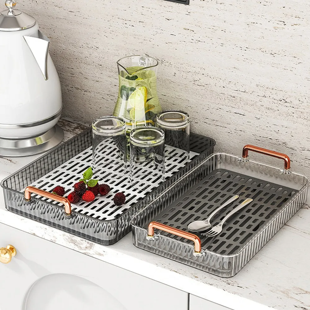 Large Capacity Water Drainage Tea Tray With Handles Drip Tray Design Double Layer Tea Tray Plastic Material Compact Lightweight