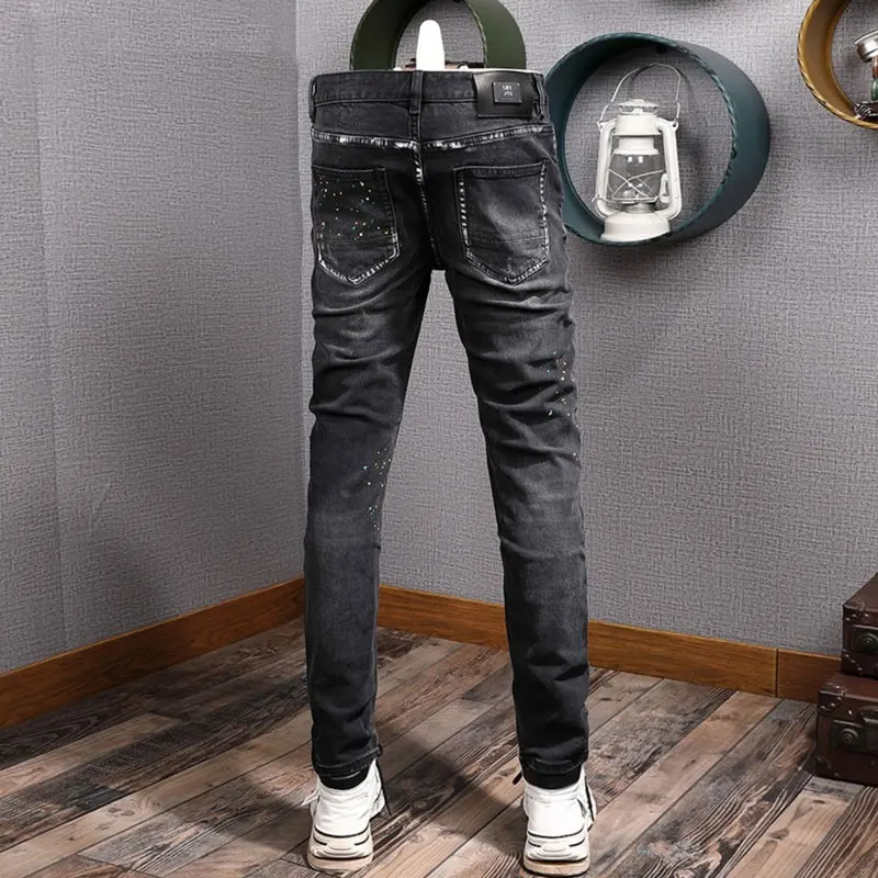 High Street Fashion Men Jeans Retro Black Gray Stretch Slim Fit Ripped Jeans Men Painted Designer Hip Hop Denim Pants Hombre