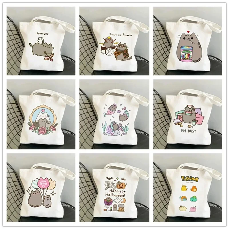 Cute Cat Print Harajuku Canvas Shoulder Handbag Cartoon Women Tote Bags No Zipper Eco Shipping Shopper Bag Causal Girl Handbags