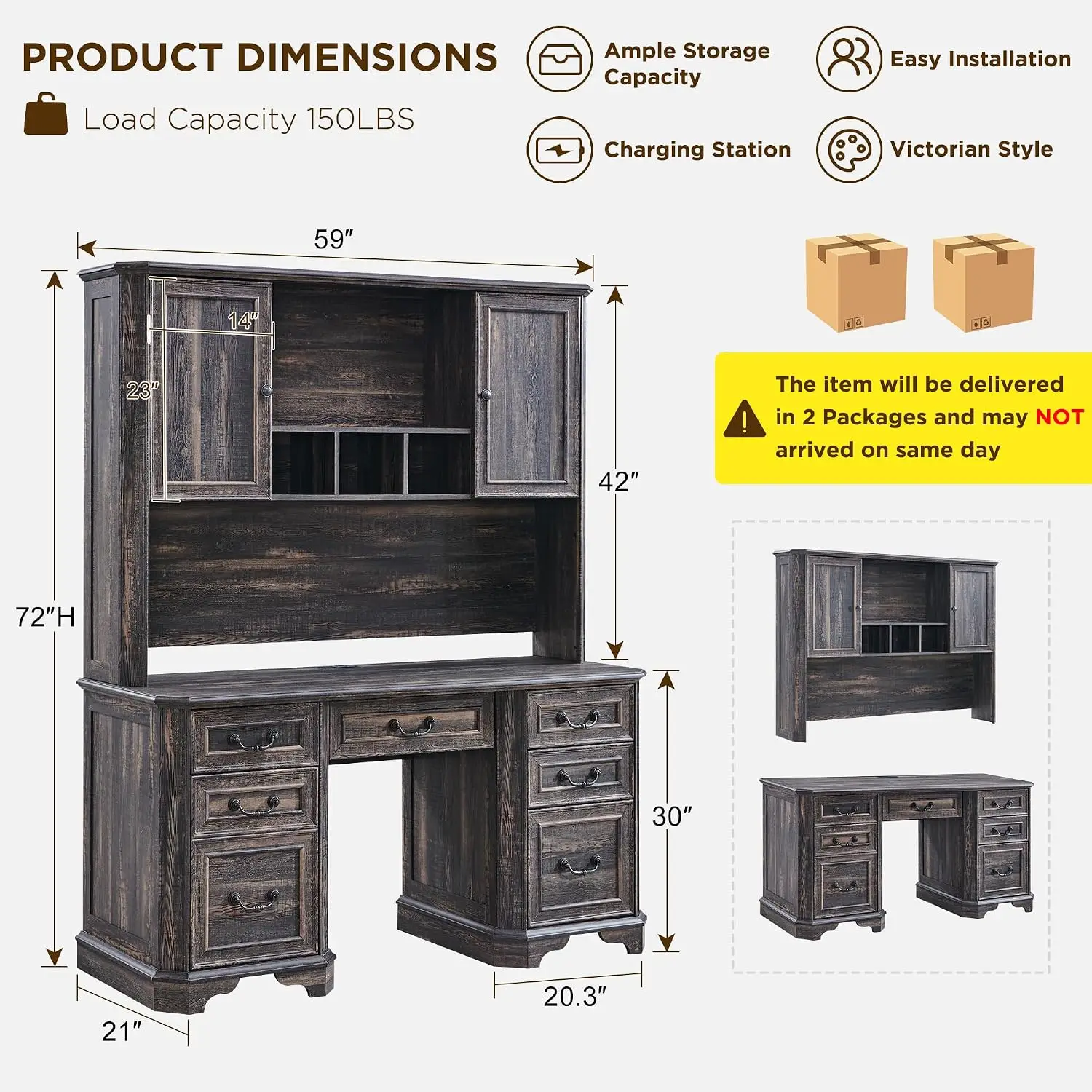 Farmhouse Executive Desk Hutch Wood Computer Desk Keyboard Tray Charging Station File Drawer Storage Cabinet Home Office 59