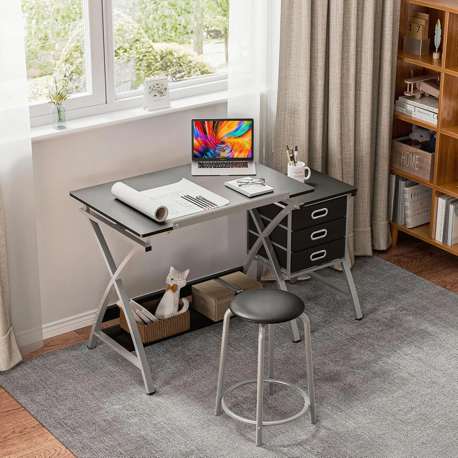 Drafting Table And Stool, Tilted Draft Table Desk W/Drawers, Artist Drawing Desk Craft Table For Drafting, Painting, Reading,