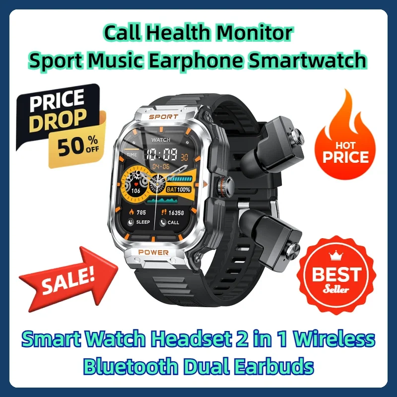 

Call Health Monitor Sport Music Earphone Smartwatch Smart Watch Headset 2 in 1 Wireless Bluetooth Dual Earbuds