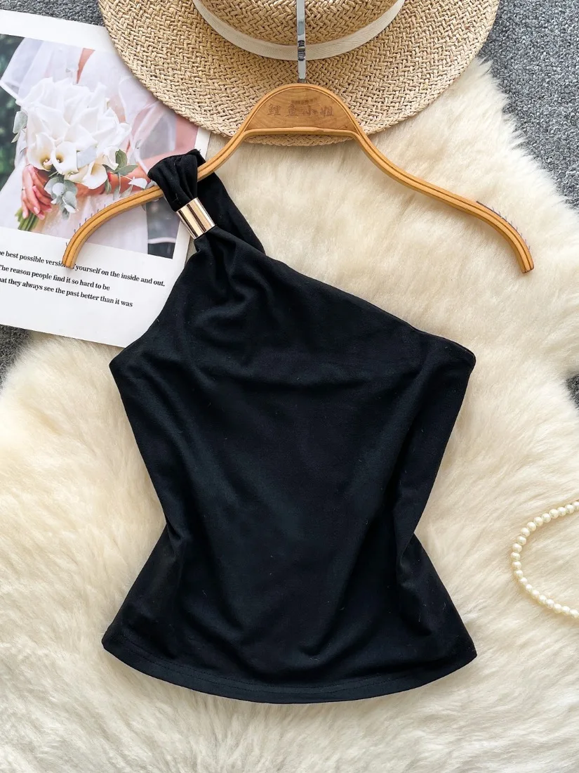 

Foamlina Women Fashion Black Camisole Top Summer Chic Metal Decoration One Shoulder Strap Sleeveless Slim Open Back Crop Tops