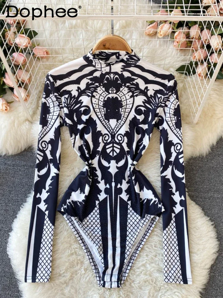 European and American Style Printing Sexy Slim Stand-up Collar Tops Women Spring Autumn Design Sense One-piece Jumpsuit