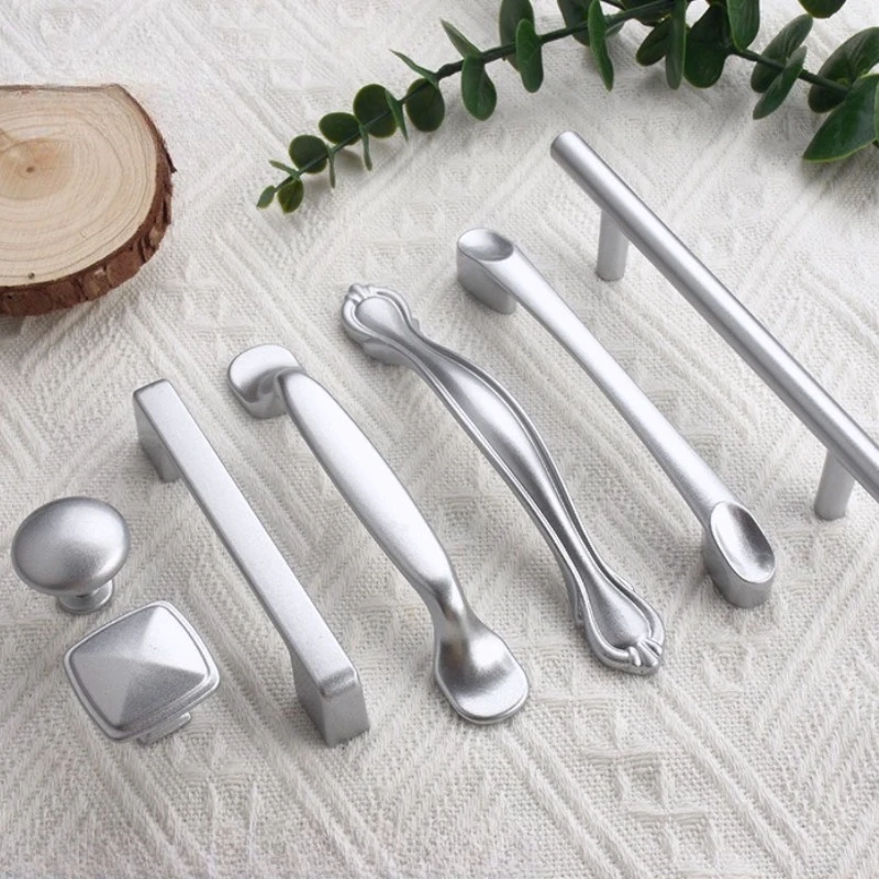 Silver Furniture Pull Handle Solid Aluminum Alloy Wardrobe Cabinet Vanity Cabinet Door Handles Single-Hole Drawer Shoe Rack Knob