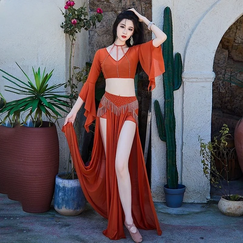 

New Fashion Belly Dance Oriental Style Women Group Costume Girls Training Outfit Jewel Long Skirt with Shimmy Fringes