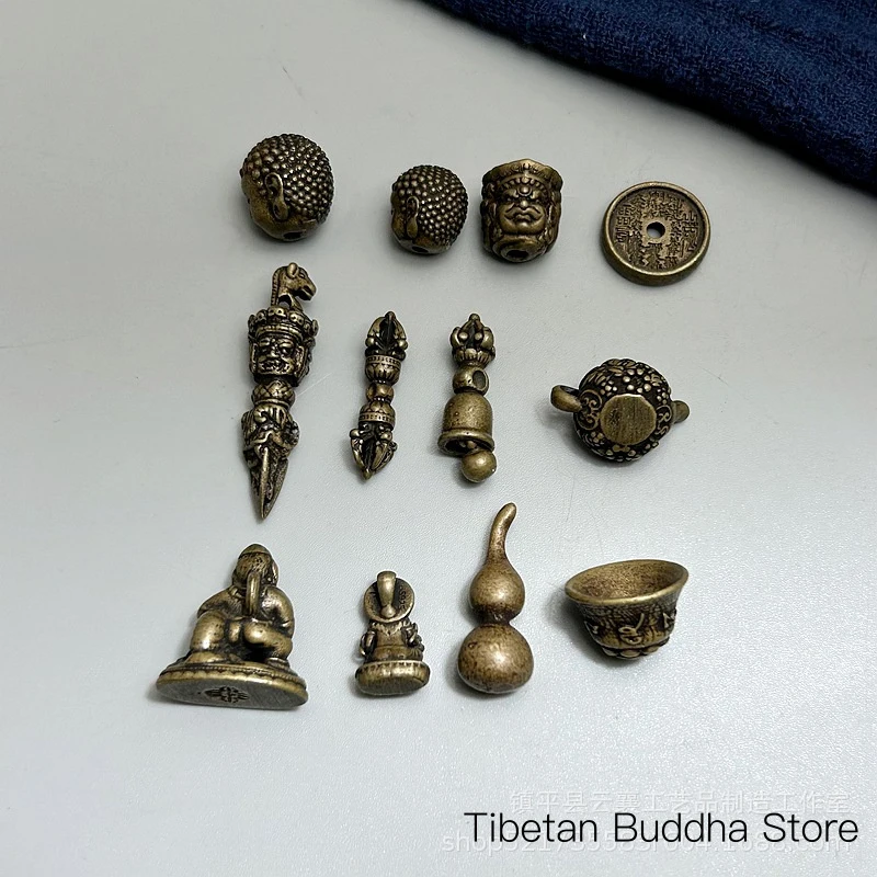 Tibetan antique brass God of Wealth Buddha head pendant, decorative necklace, bead separator accessory, gourd-shaped Vajra bell,