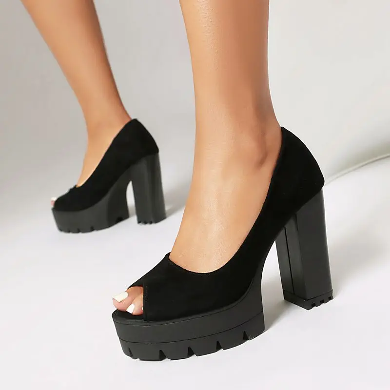 REAVE CAT Black Sexy Female Sandals Peep Toe 11cm Block Heel 3.5cm Platform Slip On Dating Party Shoes Extended Size 43 44 45 46 - view 5
