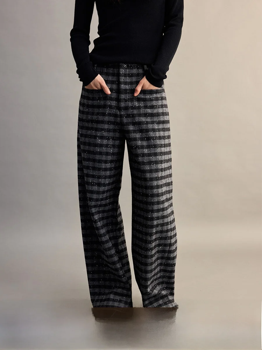 

Modern Bla White Pointed Woolen Mosaic Patterned Pants High Waist Straight Leg Casual Trousers for Women by CAREMIND