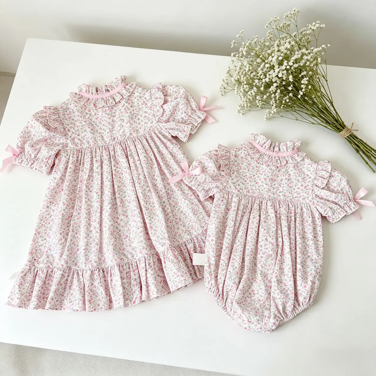 2026 Summer New Cute Baby Girl Floral Lace Bodysuit Girls Short Sleeve Sweet Princess Dress Cotton Toddler Sisters Clothes