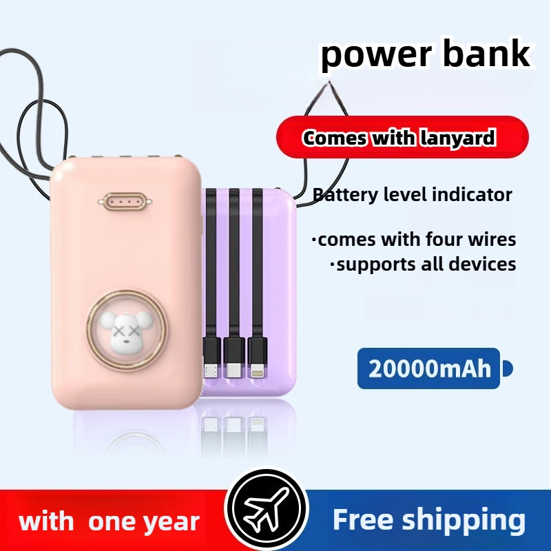 Power Bank 20000mAh Built in USB C Cable External Battery Pack for iPhone 14 pro Xiaomi Samsung S23 22 Huawei P50 Mini Powerbank