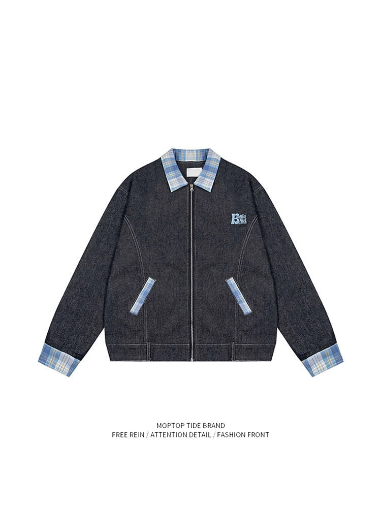 

Loose Fit Plaid Denim Jaet Men's Autumn New Sle High End Feeling Color Blo Jaet Youth ular Outerwear for Teens