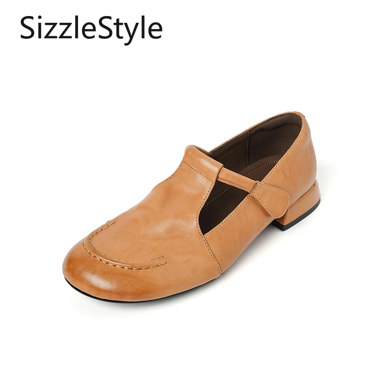 

Fashionable Ladies' Genuine Leather Retro Comfortable Low Heel T-style with Velcro Shallow Mouth Versatile Mary Jane Shoes