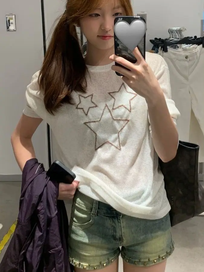 American Retro Star Print Semi-Transparent Loose Women's T-shirt Summer Base Layer Pullover Slimming Sun Protection Top
