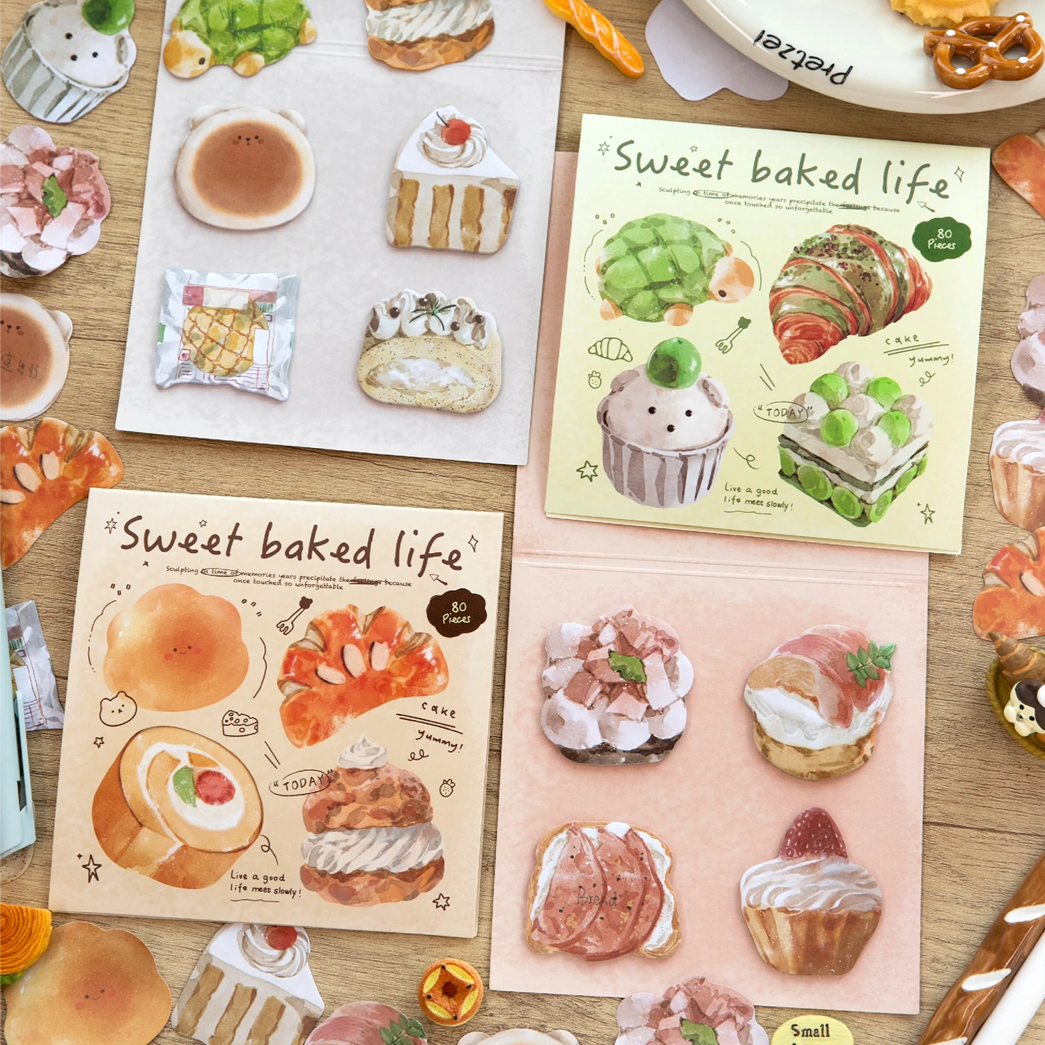 80Pcs Watercolor Dessert Writing Paper Stickers, Cute Cake & Bread Scrapbooking Decals