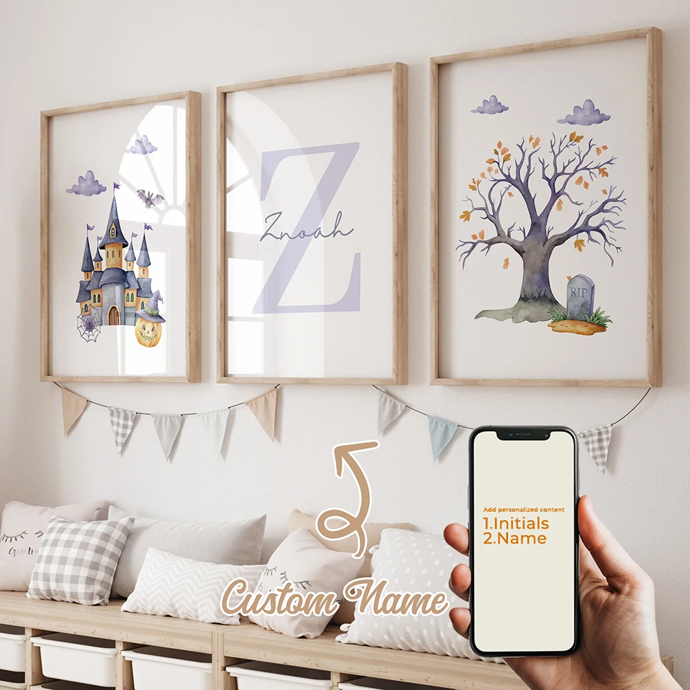 

3Pcs Personalized Custom Name Castle Wall Art Printmaking Canvas Painting Poster Picture For Halloween Living Room Home Decor