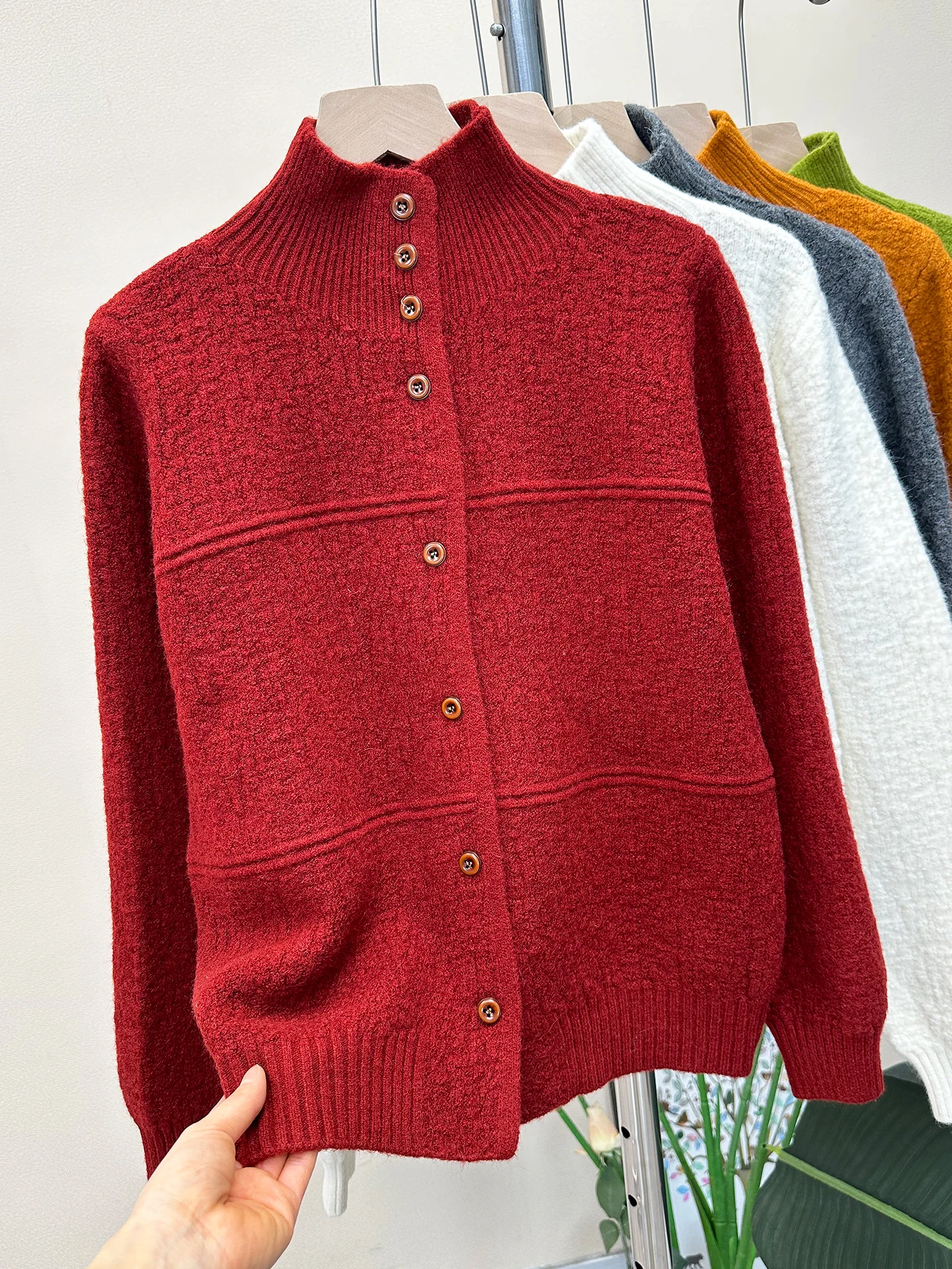 Korean Sle Women's Knitted Cardigan 0g Soft Long Sve  Color Button up Stand Collar Texture Sensation Sweater Coat