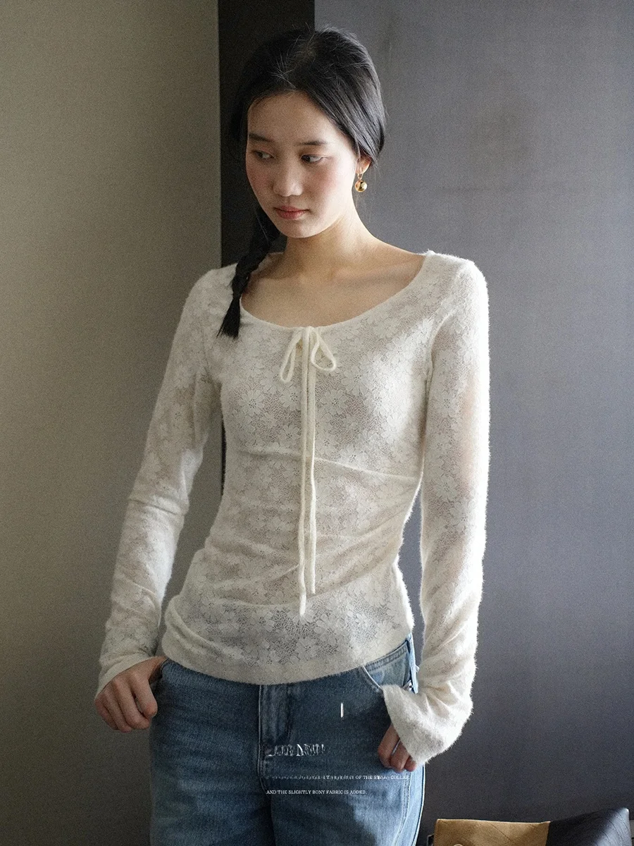 

Женский трикотажный топ Lalaglow с кружевным цветочным принтом, поясом, приталенный, с длинным рукавом, в французском стиле, повседневный, с круглым вырезом, весенний