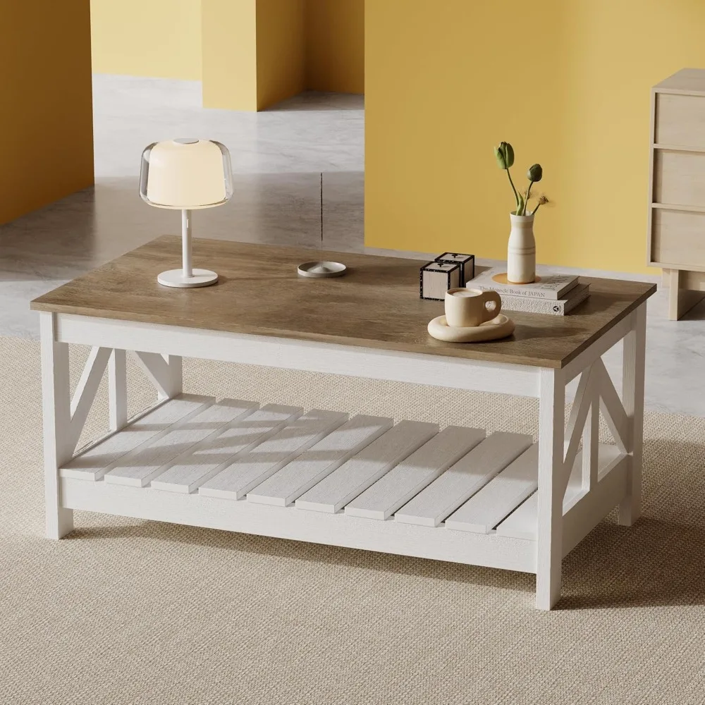 

Журнальный столик в фермерском доме 39 дюймов для гостиной, 2-уровневый современный стол для гостиной с полкой для хранения, прямоугольный центральный стол в деревенском стиле